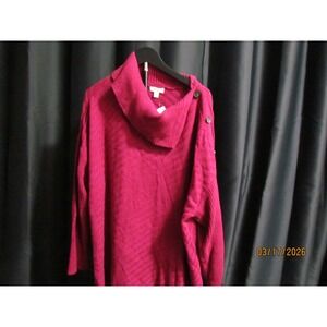 Style & Co Womens Cowl Neck Button Shoulder Sweater Raspberry Knit Poncho Style